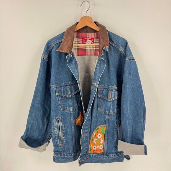 Vintage Marlboro Country Store Denim Jacket L Leather Collar Upcycled Embroidery - Picture 13 of 13